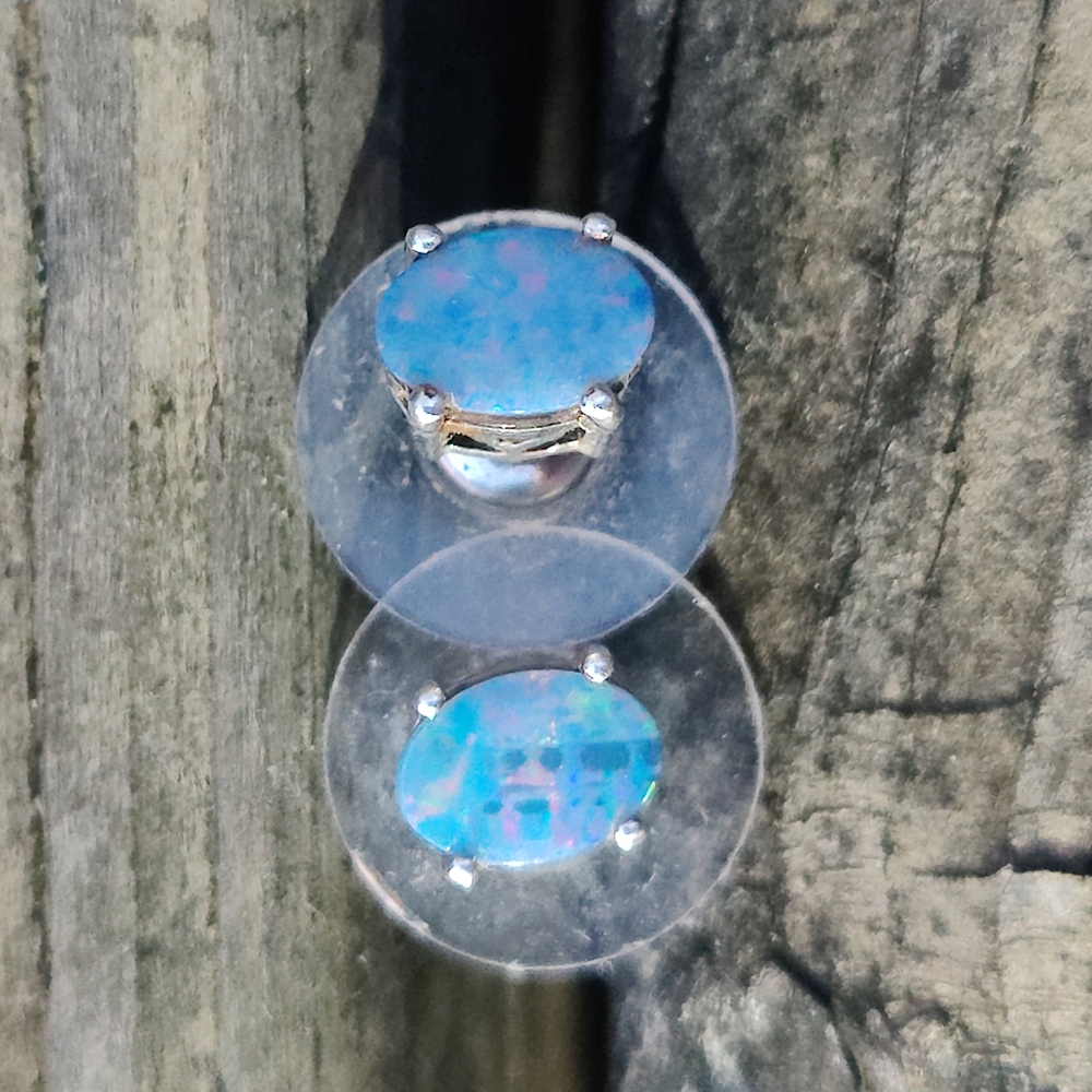Sterling Silver Natural Opal Stud Earrings - Picture 4 of 6